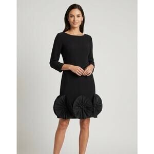 Lourdes Chavez Black Crepe Shift Dress Pleated Rosette Hem Detail Size 12